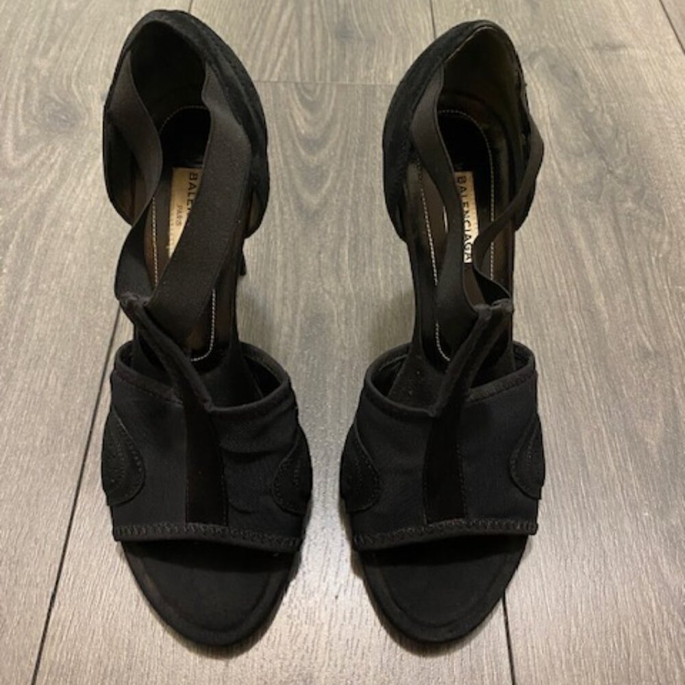 Balenciaga Black Suede T-Strap Open Toe Heels Size 8.5